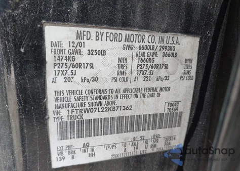 2002 Ford F-150 Lariat/Xlt из США, поврежденный, VIN 1FTRW07L22KB71362